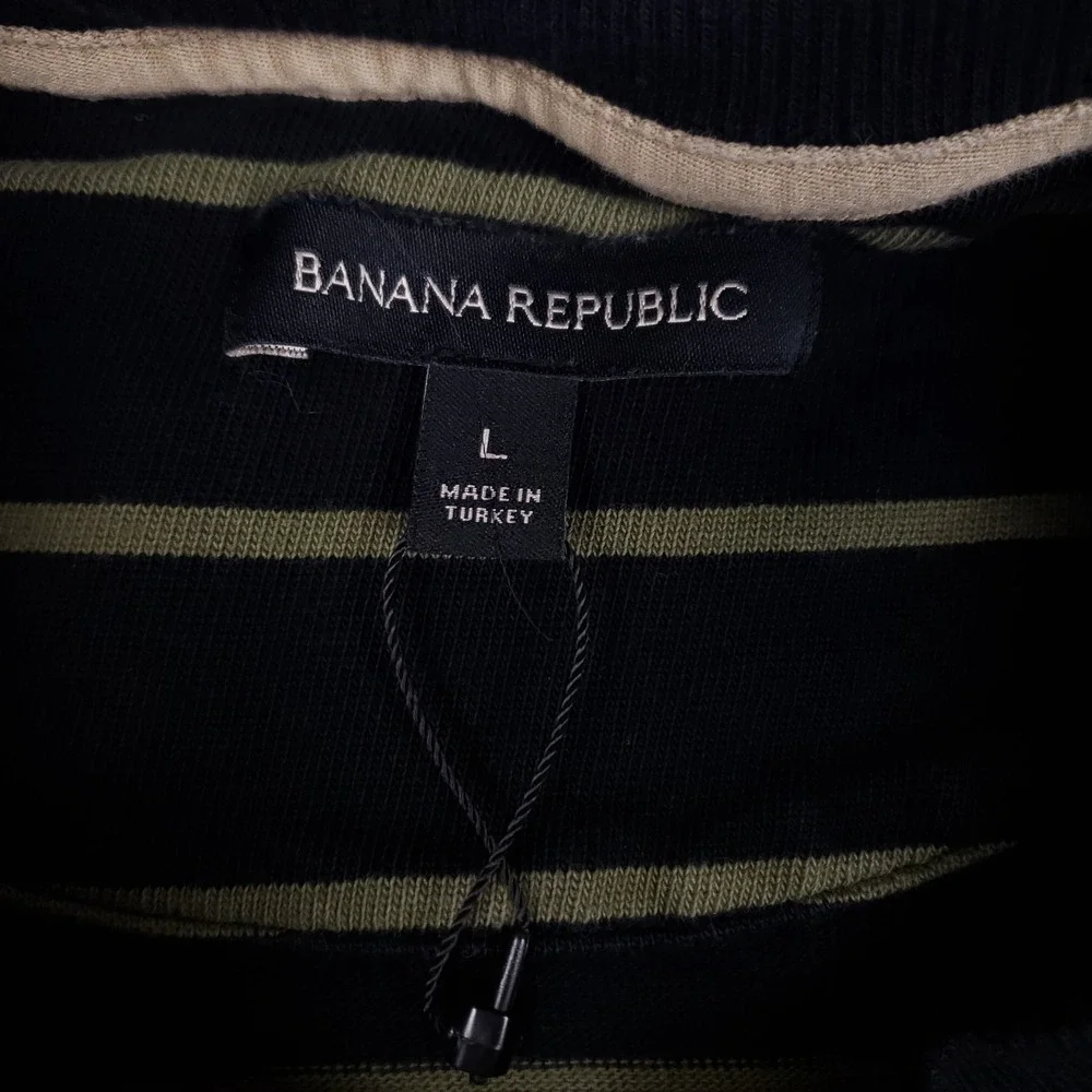 Banana Republic Mens Long Sleeve Relaxed Pocket Tee Striped Navy Olive Large